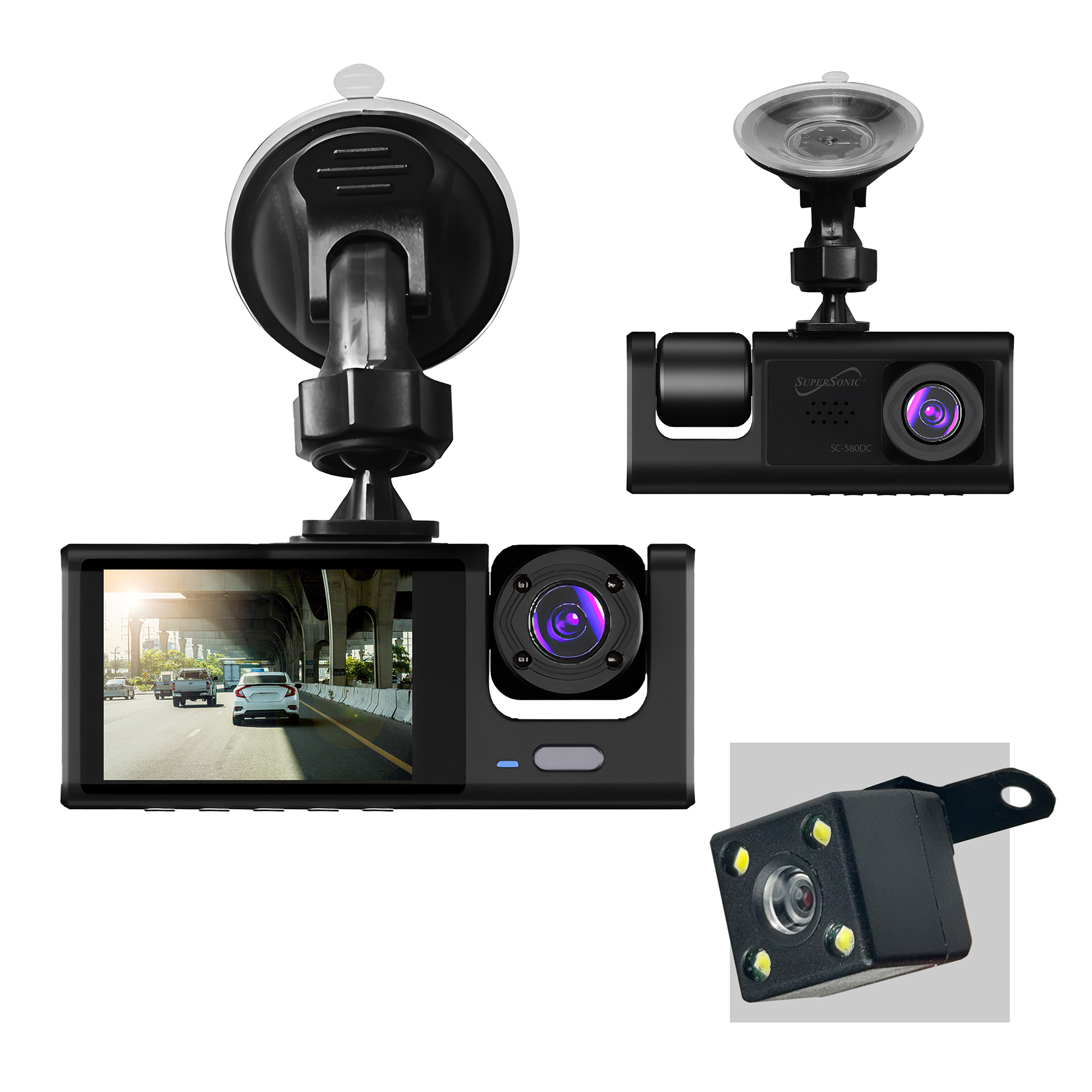 Supersonic RoadEYE Pro HD Dash Cam — 1080p, Front, Cabin & Rear Recording, Night Mode, Model# SC-580DC